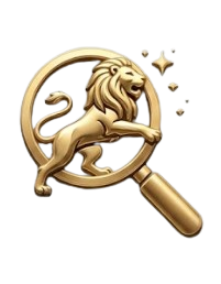 A golden lion emblem with a magnifying glass partially covering it, set against a background of pink, blue, green, and purple digital elements.