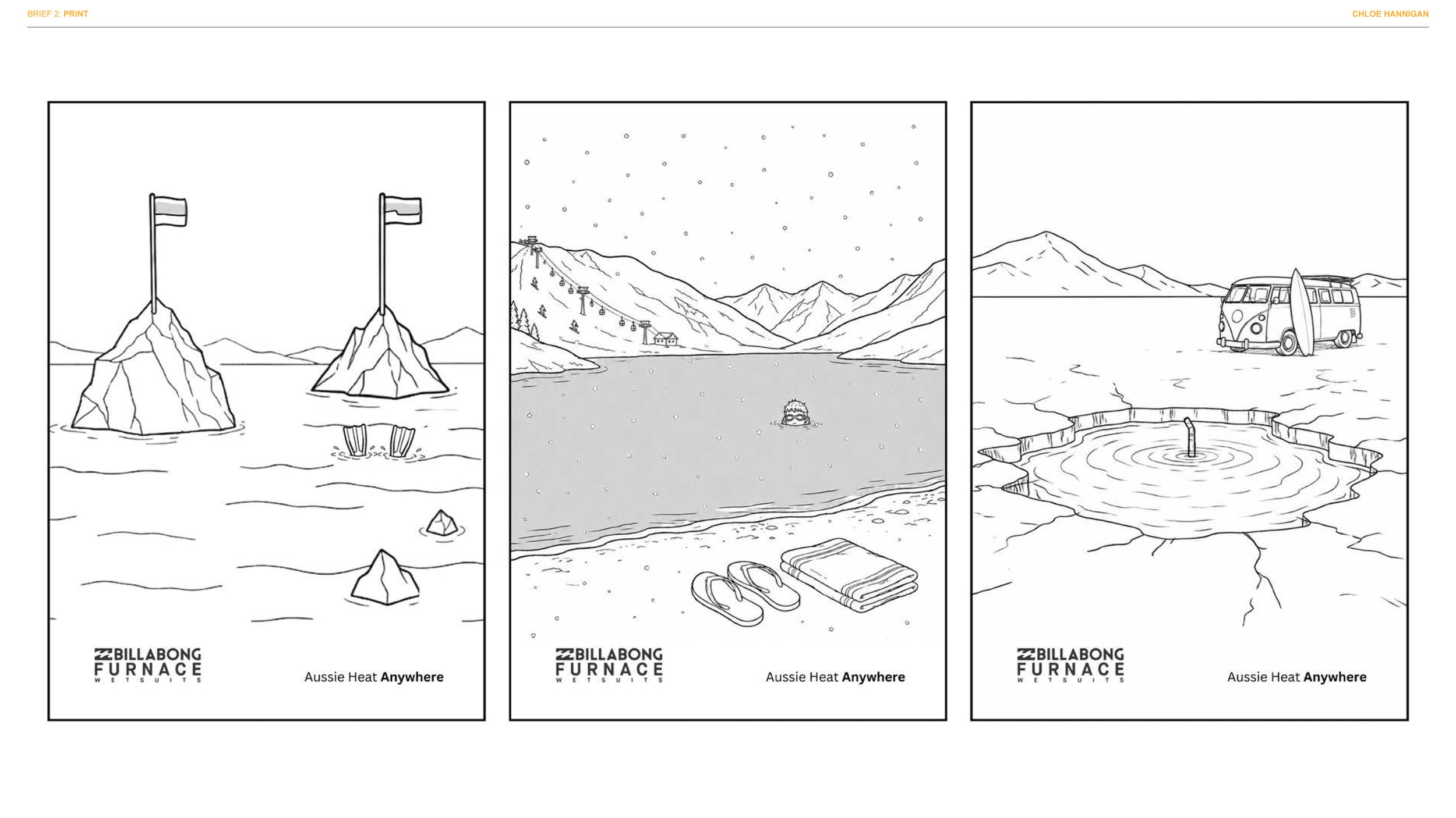 Line drawing of three outdoor scenes in a comic strip style. The first shows two flags on rocky mounds with mountains in the background. The second depicts a mountain ski slope with ski lifts and a person swimming in a lake, with towels and flip-flop