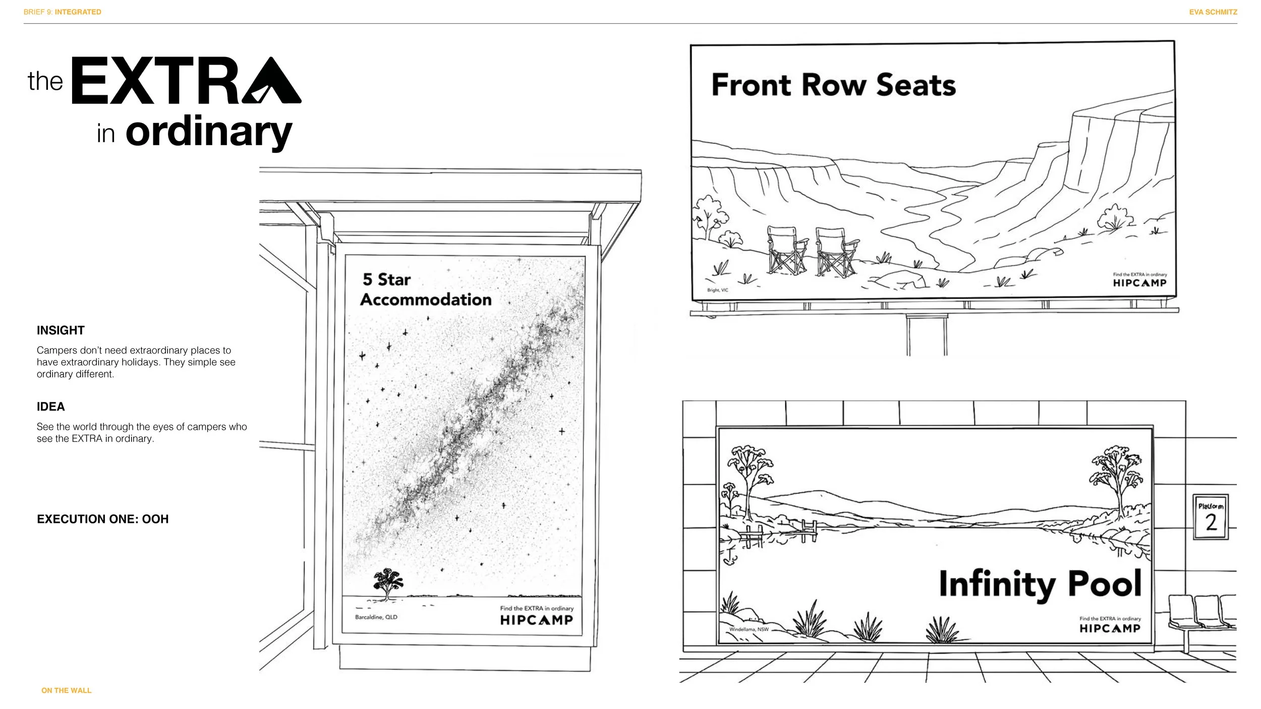 A black and white illustrated magazine spread featuring outdoor scenery with sections labeled 'Front Row Seats' with chairs overlooking a canyon, and 'Infinity Pool' showing a pool area with trees and a river. There are smaller text sections about ca