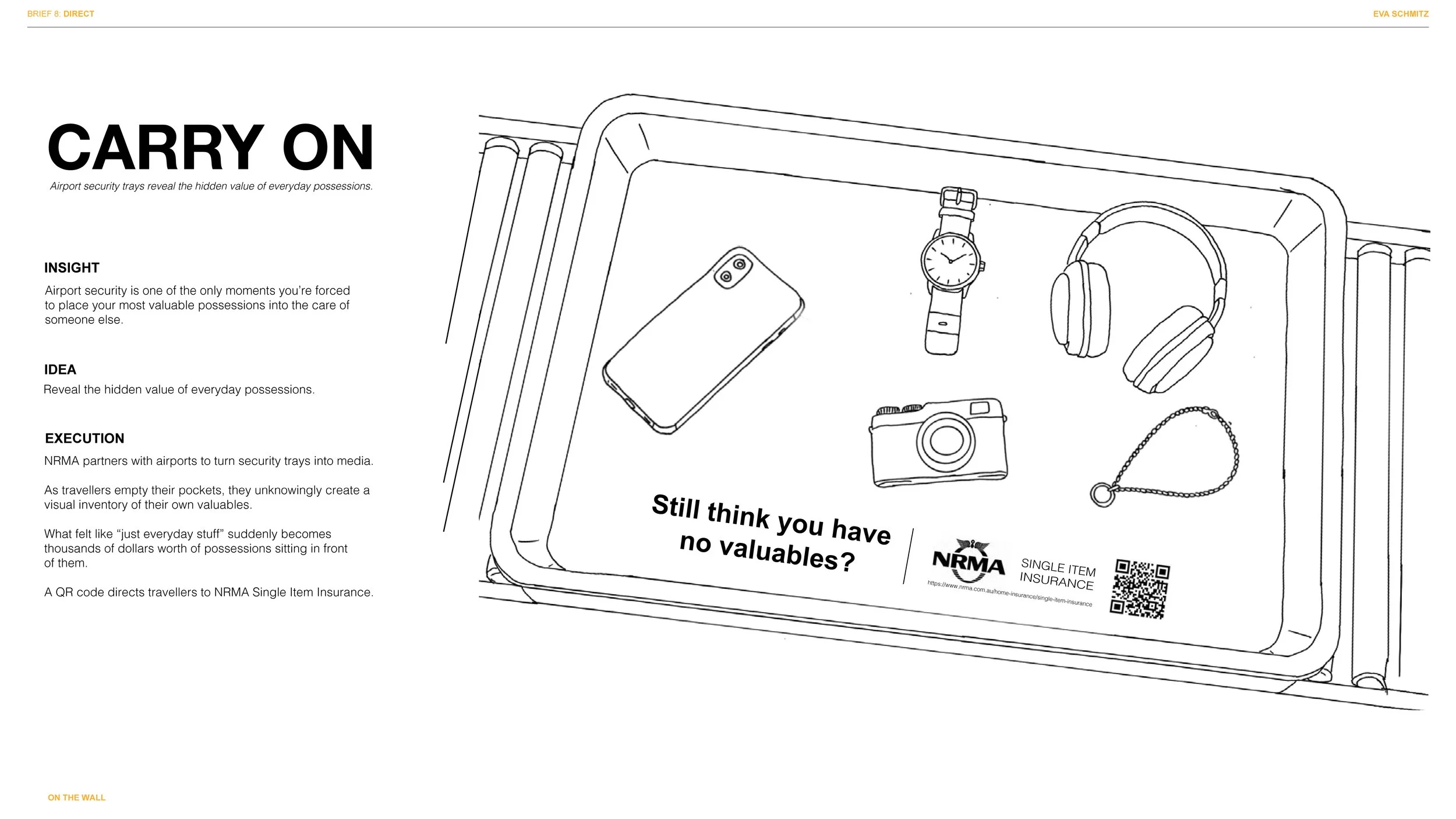 Line drawing of a suitcase with various items including a watch, headphones, a camera, a phone, and a chain, along with text about airport security and valuables.