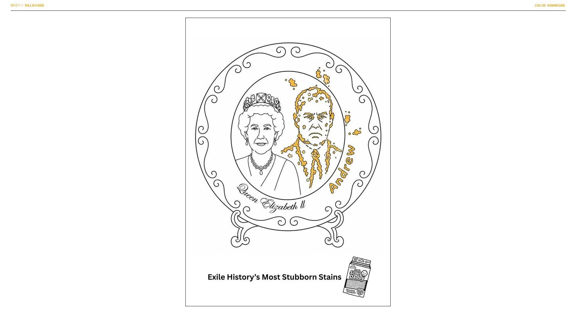 Coloring page featuring Queen Elizabeth II and Andrew, with Queen Elizabeth II's name and title, and Andrew's name written beside their illustrations. The page is titled "BRIEF 1: BILLBOARD" and includes decorative border designs. There is a small il
