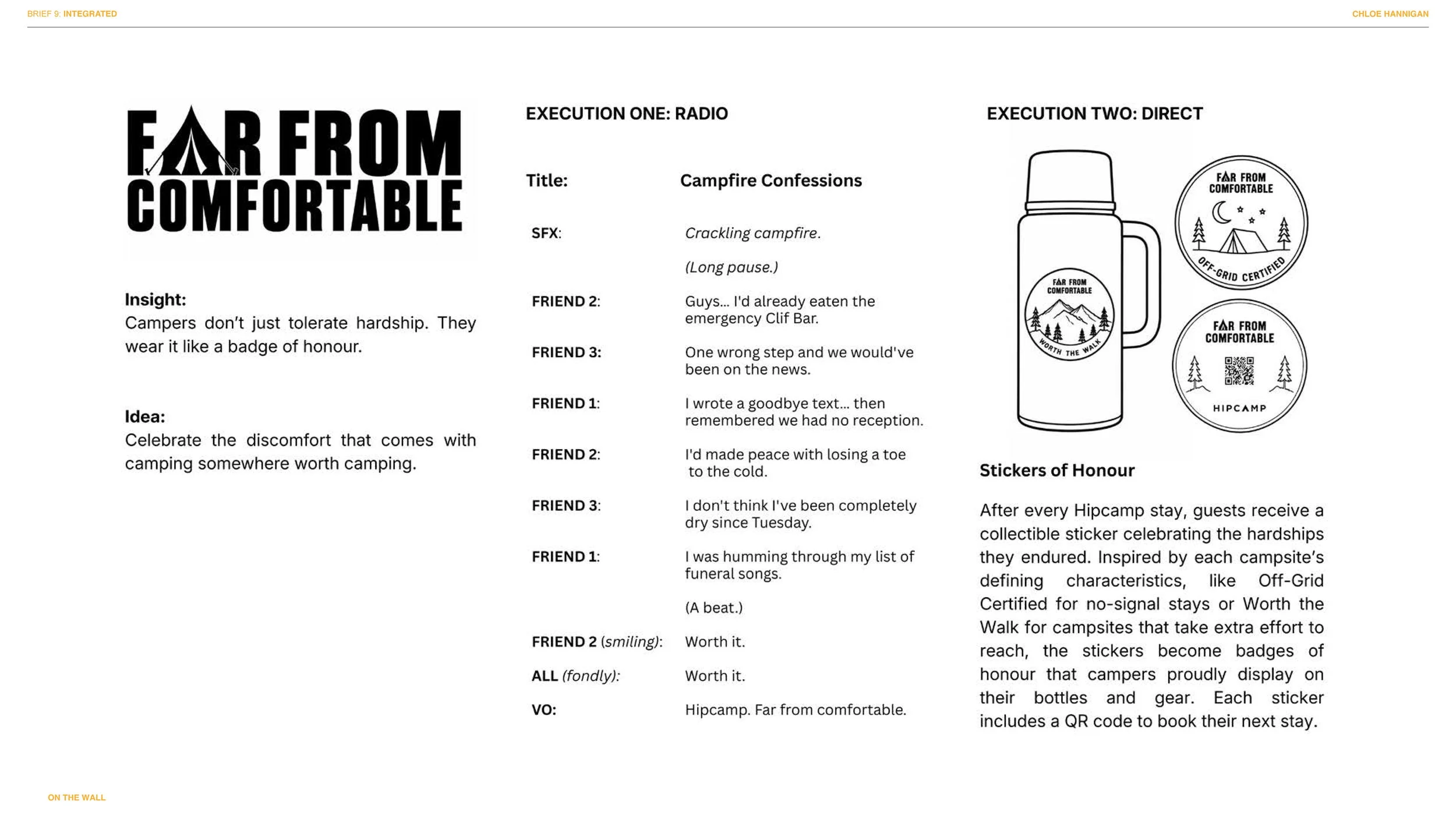 A guide page about camping stickers and badges. The page is titled 'Far From Comfortable' and features sections on radio and direct badge designs, including illustrations of stickers and a thermos bottle with stickers. The text discusses camping hard