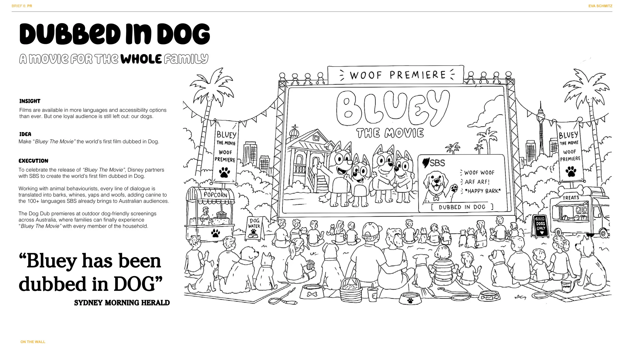 Black and white illustration of a dog-themed outdoor event for the premiere of the movie 'Bluey'. There is a large stage with a sign that says 'WOOF PREMIERE' and 'BLUEY THE MOVIE'. Several dogs and people are sitting on the ground watching the event