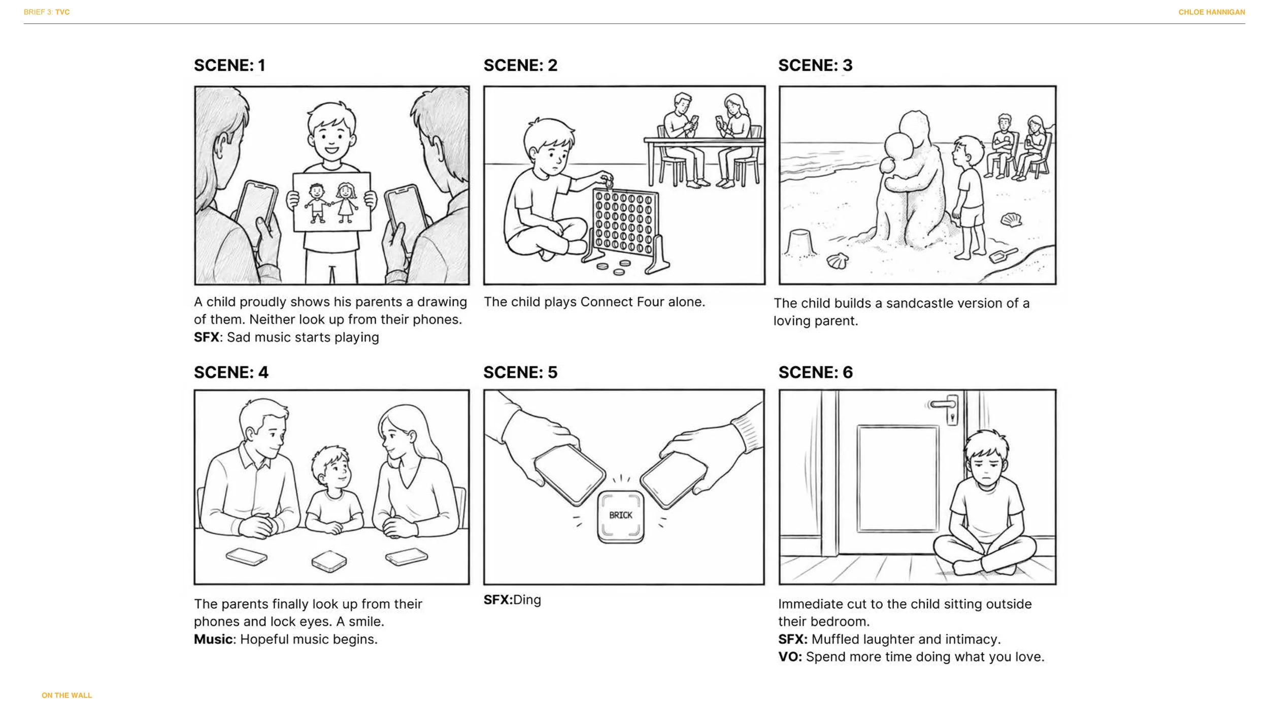 A comic strip showing multiple scenes of a child and family. Scene 1 depicts a child showing parents a drawing of two children, with sad music playing. Scene 2 shows the child playing Connect Four alone. Scene 3 illustrates the child building a sandc