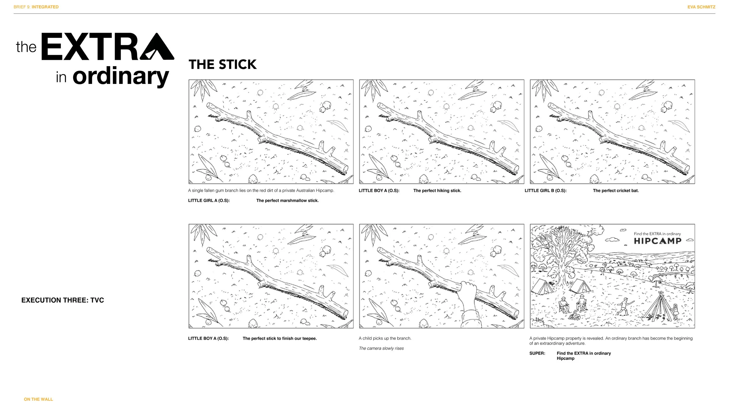 Illustration of a step-by-step process of a child picking up a fallen branch and using it to finish a teepee at a private Australian hipcamp. The scene includes tents, trees, and campers, with a focus on the branch as an outdoor activity.