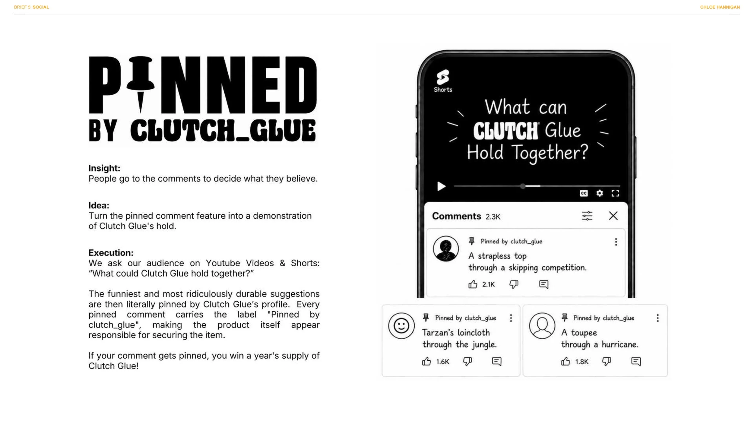 A magazine page titled "Pinned by Clutch_Glue" explaining an idea to turn the pinned comment feature into a demonstration of Clutch Glue's hold. The page shows a black smartphone with a video titled "What can Clutch Glue hold together?" and comments 