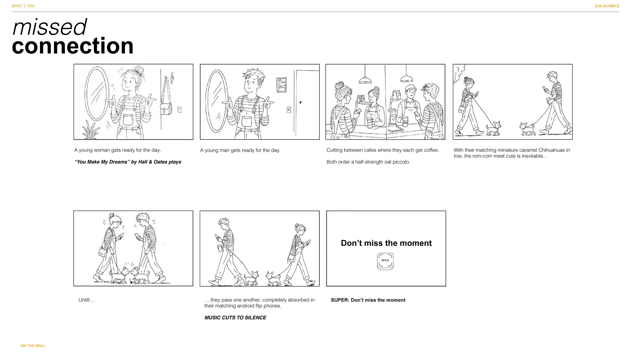 A four-panel comic strip with minimalistic line drawings. The first panel shows a young woman looking into a mirror, preparing for the day. The second panel depicts a young man also looking into a mirror, readying himself. The third panel shows two p