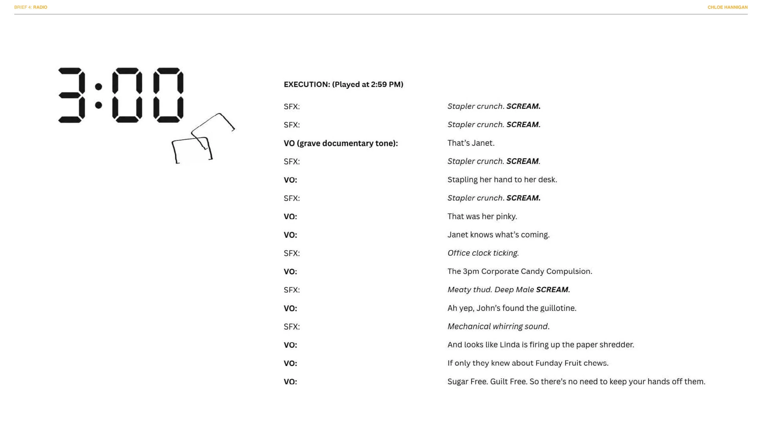 A computer screen showing a script for a radio play titled "Brief 4: Radio" with a large digital-style clock displaying 3:00, and some hand-drawn sketches of a chair.