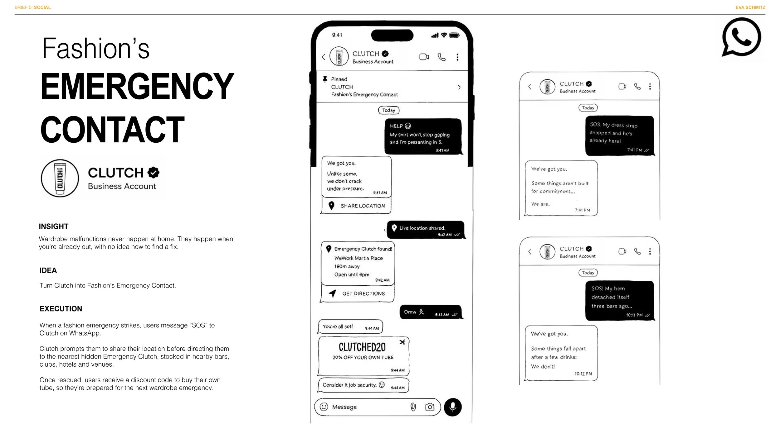 A black-and-white informational guide about using WhatsApp for fashion emergency contact. It includes images of a phone screen with text message exchanges between a user and a business account named CLUTCH, demonstrating how to send SOS messages for 