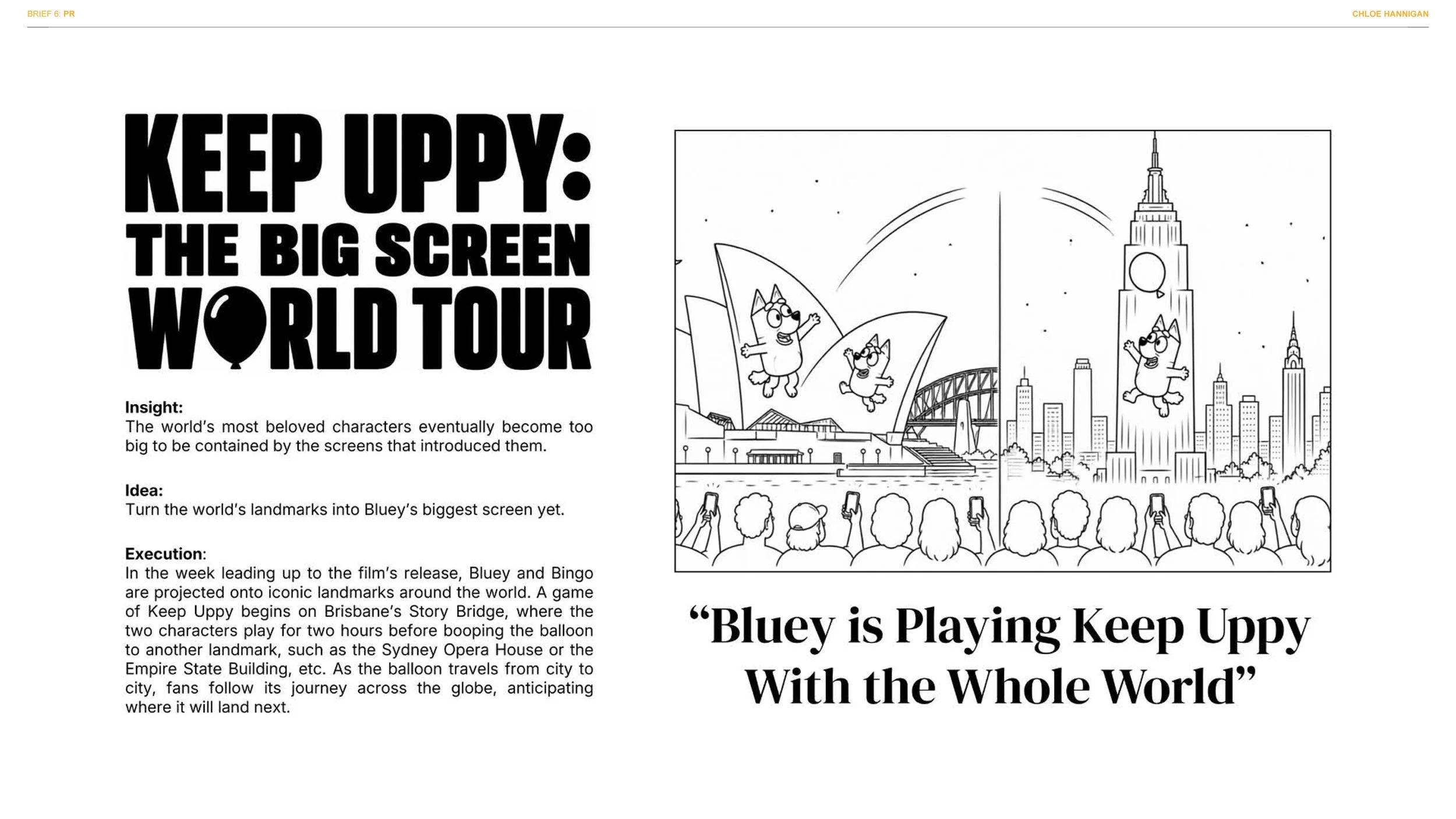 Black and white illustration of a cityscape with iconic landmarks including the Sydney Opera House and Empire State Building, and the Sydney Harbour Bridge. A hot air balloon with Bluey and Bingo characters is floating above, with several people taki