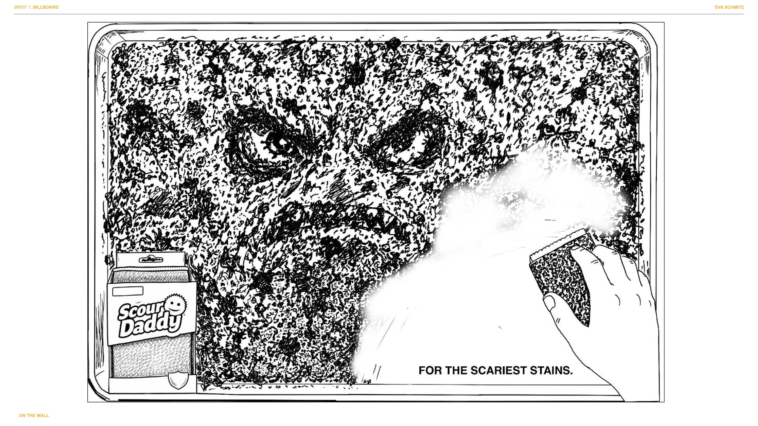 Black and white illustration of a Batman-themed scavenger hunt game with the prompt 'FOR THE SCARIEST STAINS', showing a hand holding a sponge, a package of 'Scour Daddy' cleaning product, and a dirty surface with various stains. The scene suggests a
