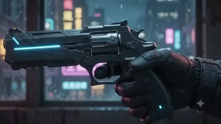 Hand holding a futuristic handgun with glowing blue accents, set against a cityscape with neon lights.
