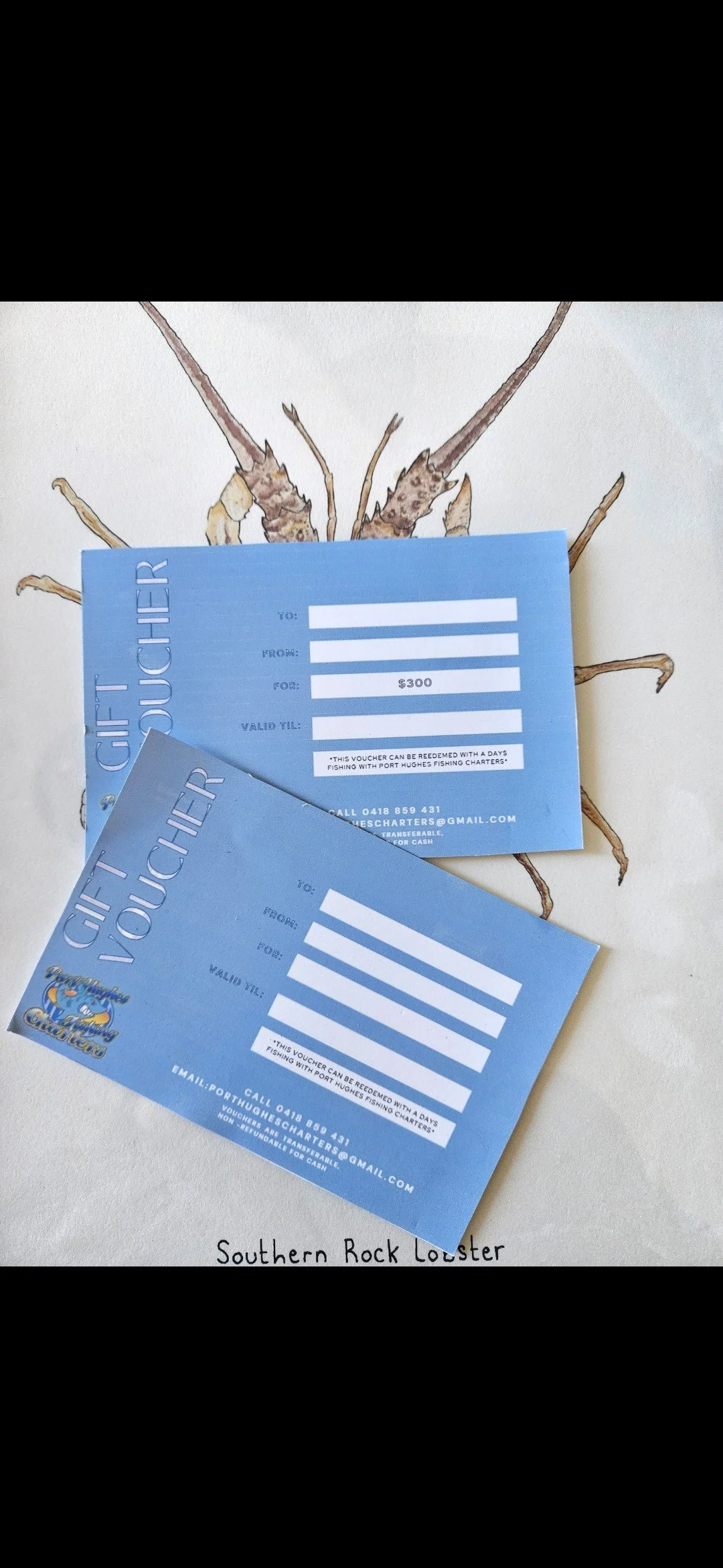 Two blue gift vouchers with white text and a lobster illustration on a white surface. One voucher is partially covering the other, both have spaces to fill in recipient, sender, amount, and expiration date.