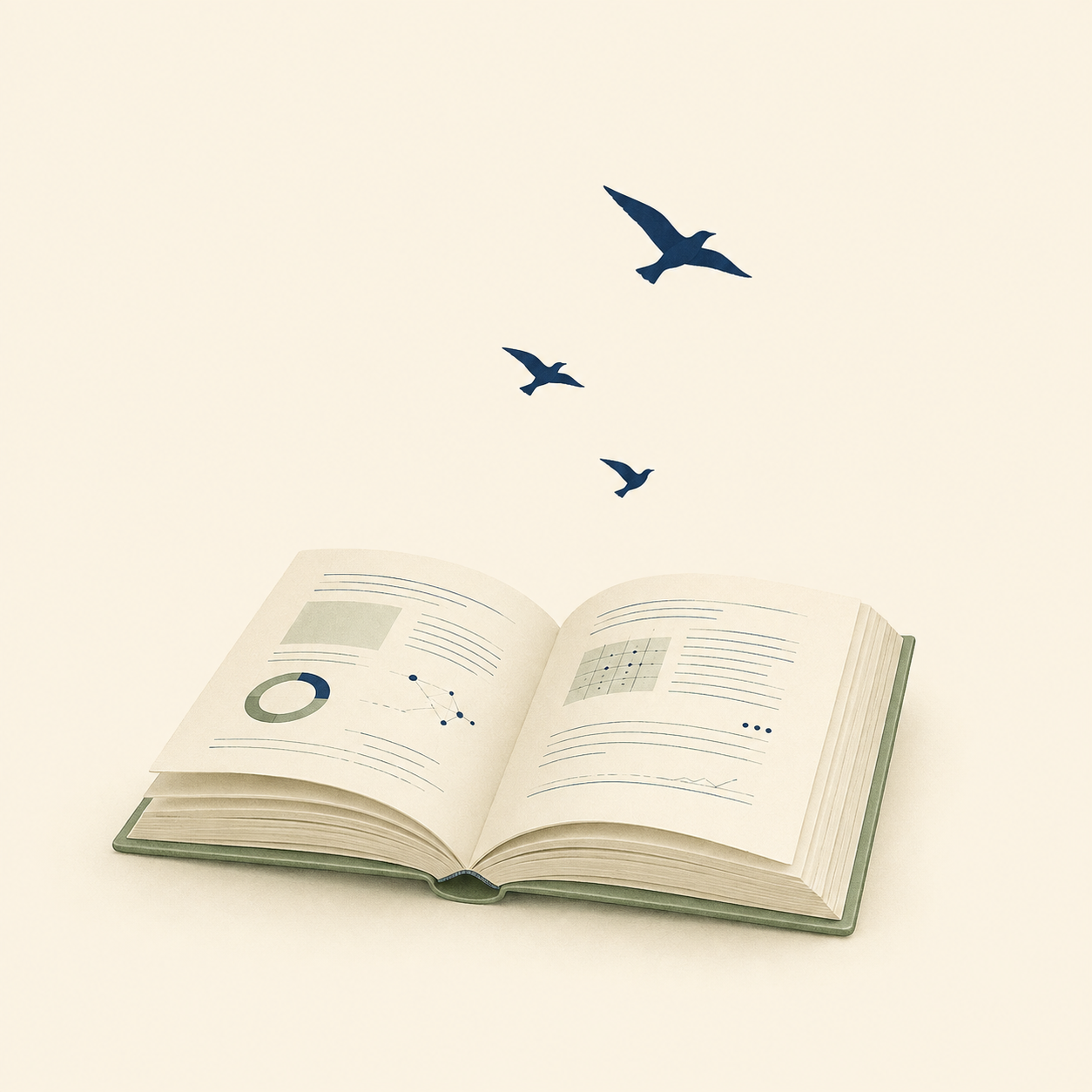 An open book with charts and graphs on its pages, with three silhouette birds flying above it against a plain, light background.