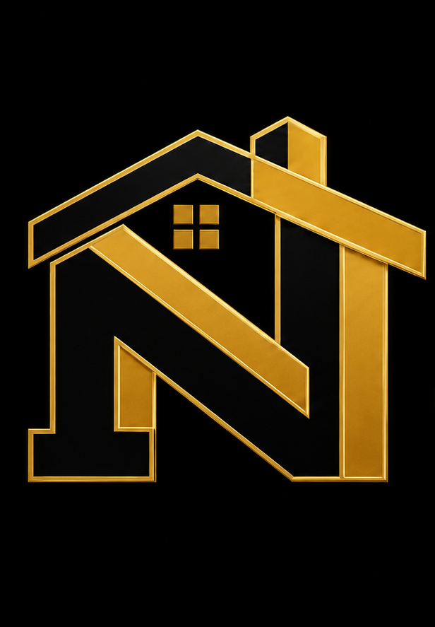 A stylized gold and black outline of a house with an 'N' integrated into the design, set against a black background.