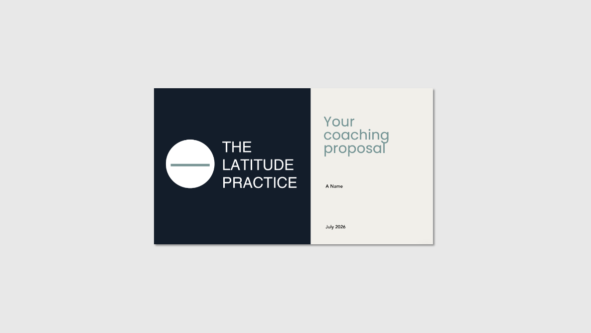 Cover page of a coaching proposal titled 'The Latitude Practice' with a logo on the left and space for a name and date on the right.
