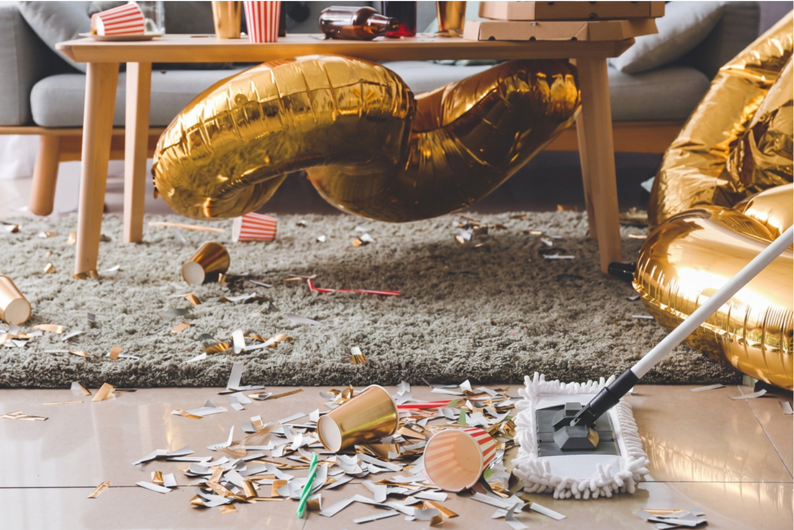 Room with gold balloons, paper cups, and confetti scattered on the floor and furniture, indicating a celebration or party.