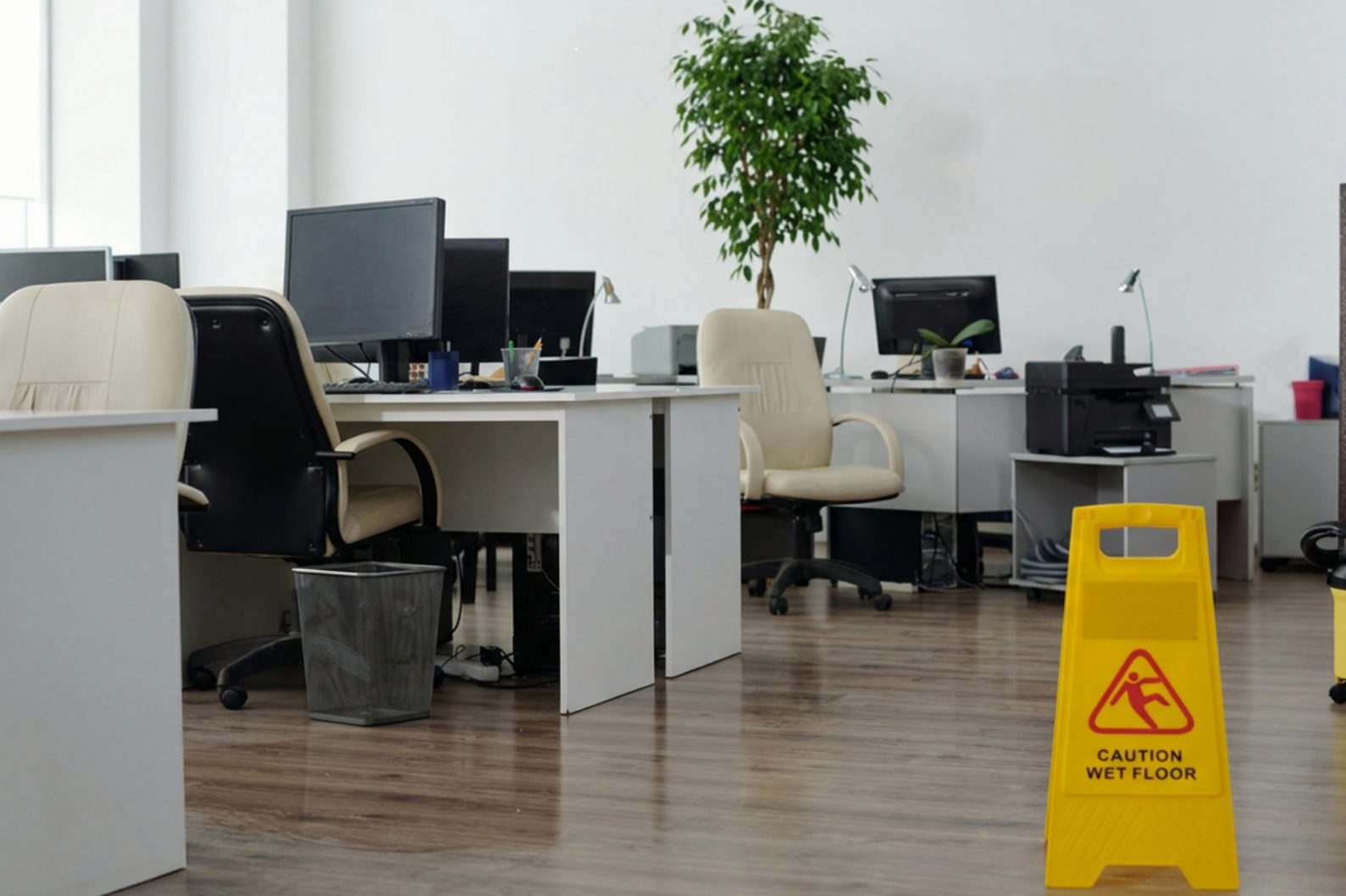 Empty office space with desks, chairs, computer monitors, a printer, and a yellow wet floor caution sign