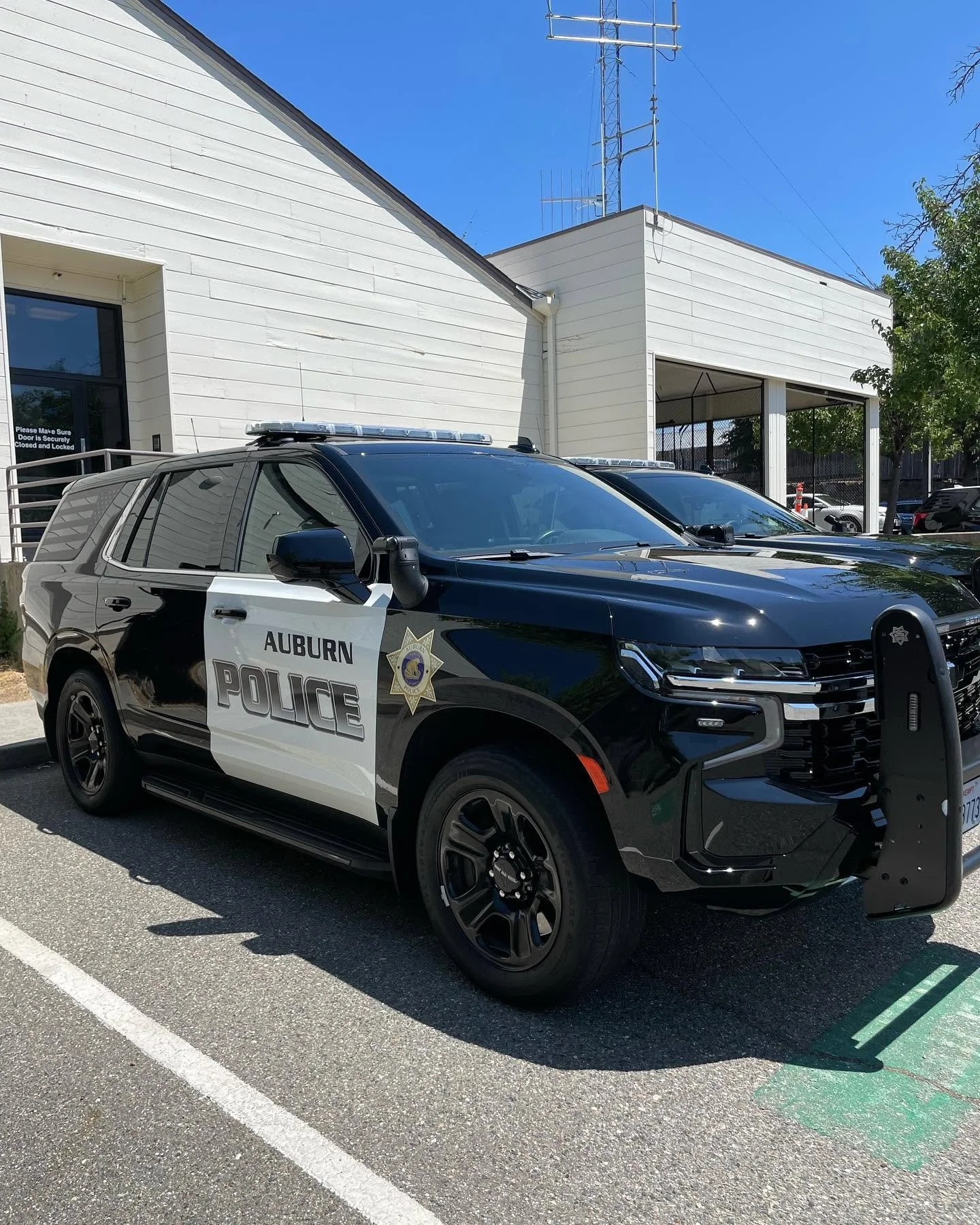 A black and white Auburn Police Department SUV parked in a parking lot beside a white building with a glass door and a tree.