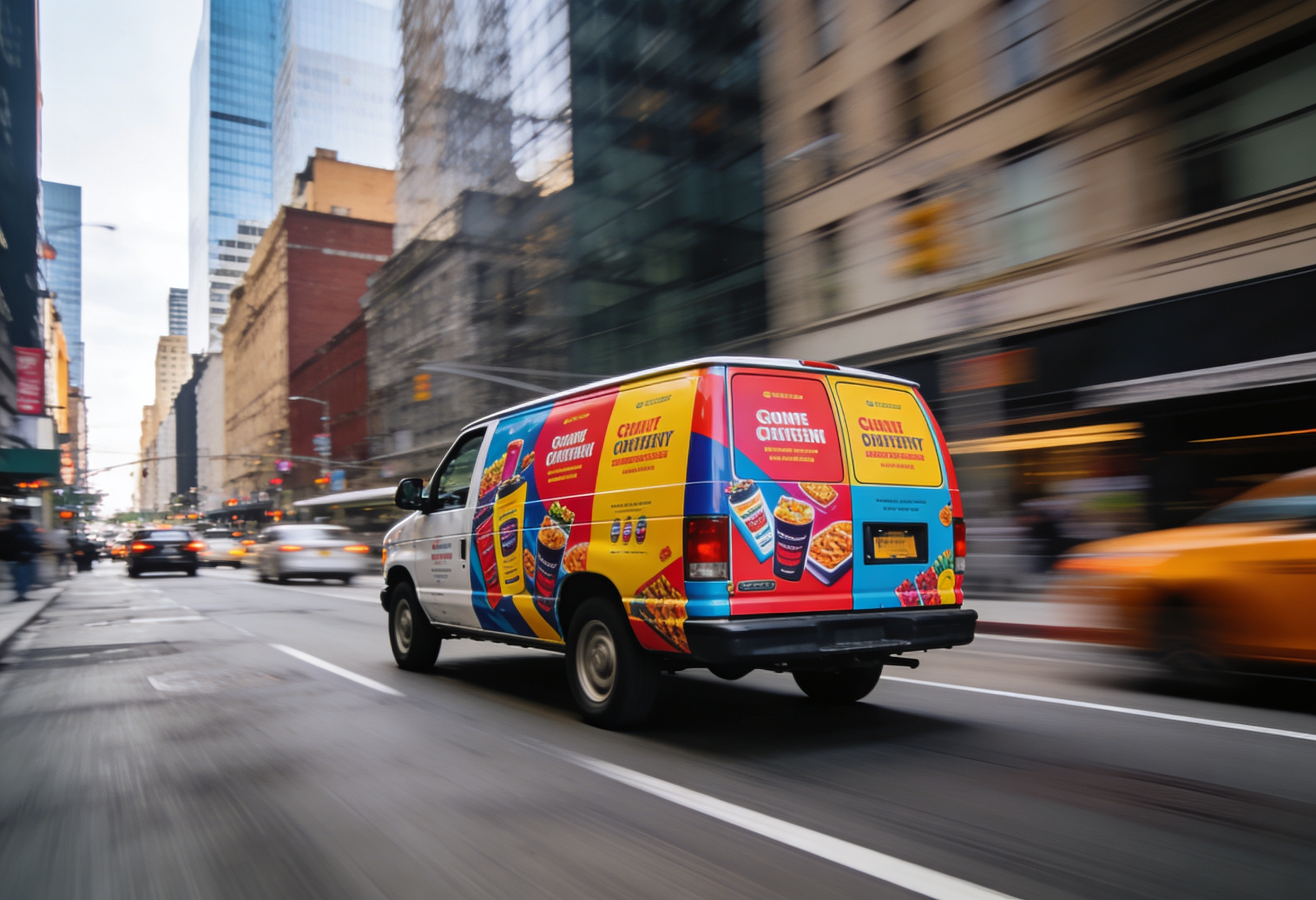 A moving delivery van with colorful advertising wraps featuring frozen food products on a busy city street with tall buildings and blurred traffic.