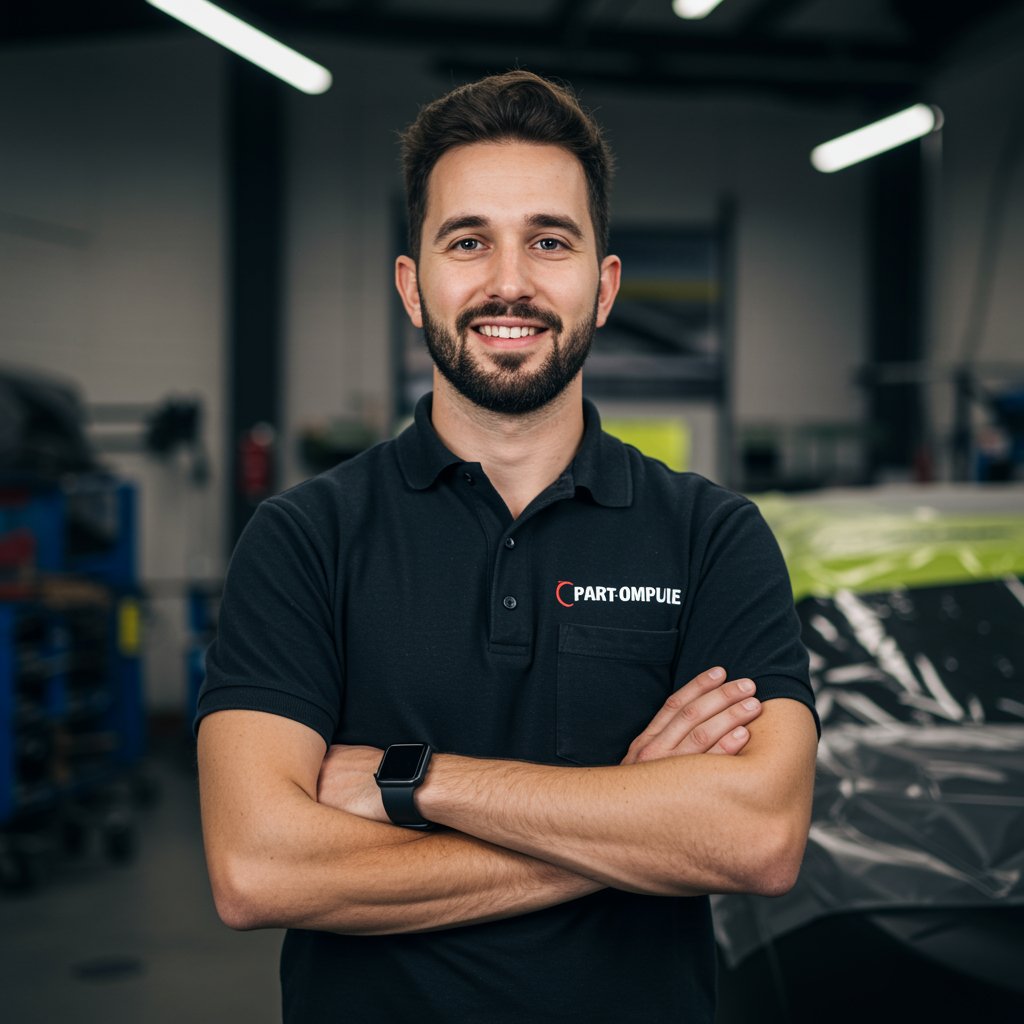 A smiling man with a beard and dark hair, wearing a black polo shirt with a logo that says 'PART-OMPULSE', standing confidently with arms crossed in an industrial workshop or garage.