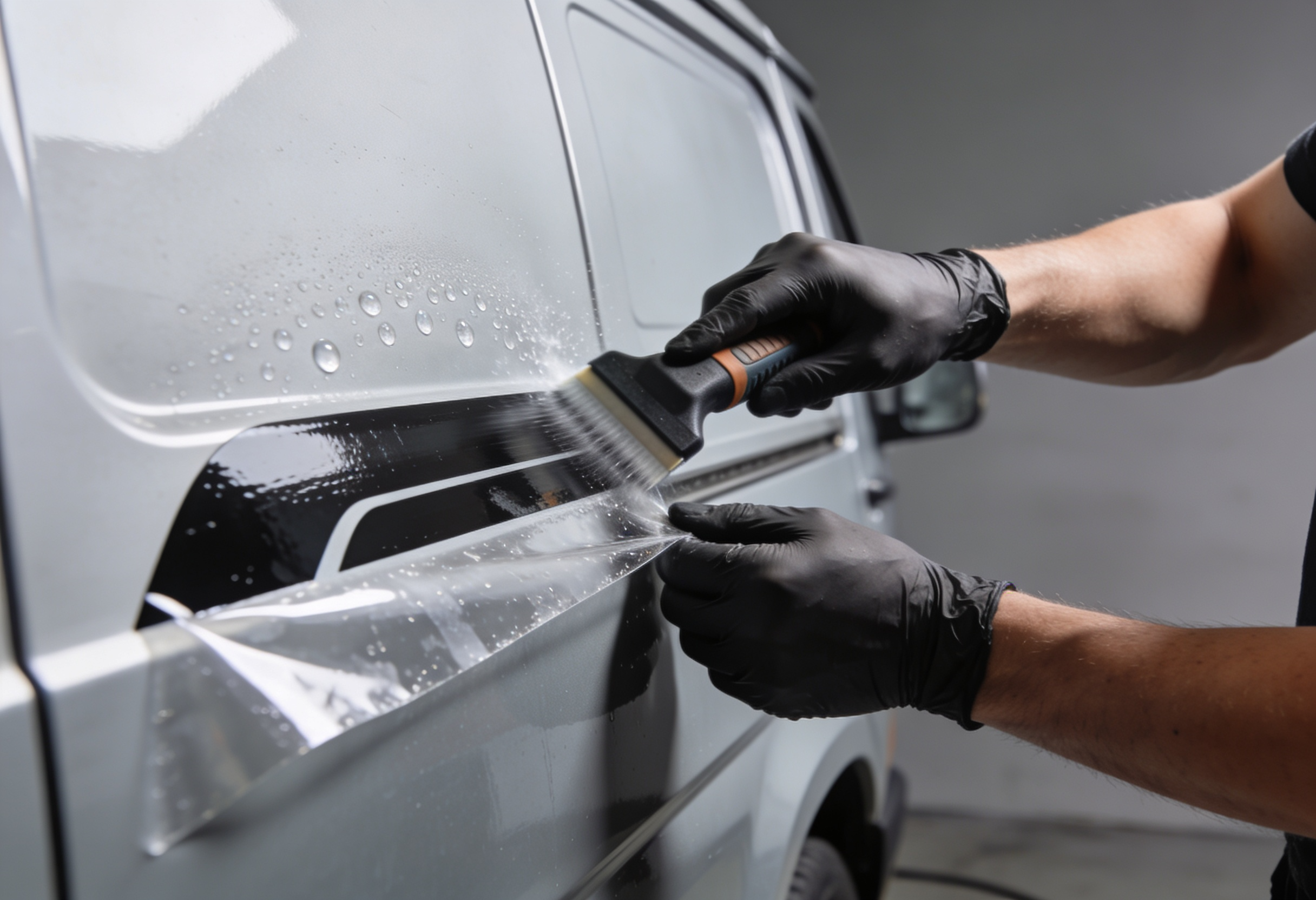Close-up of a technician hand-detailing a silver vehicle's exterior panel.
