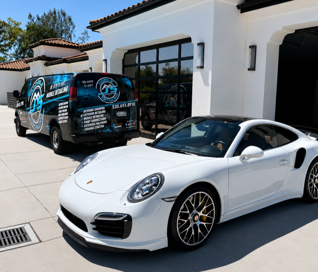 J's Mobile Detailing van parked beside a freshly detailed white Porsche outside a home in Roseville, CA.