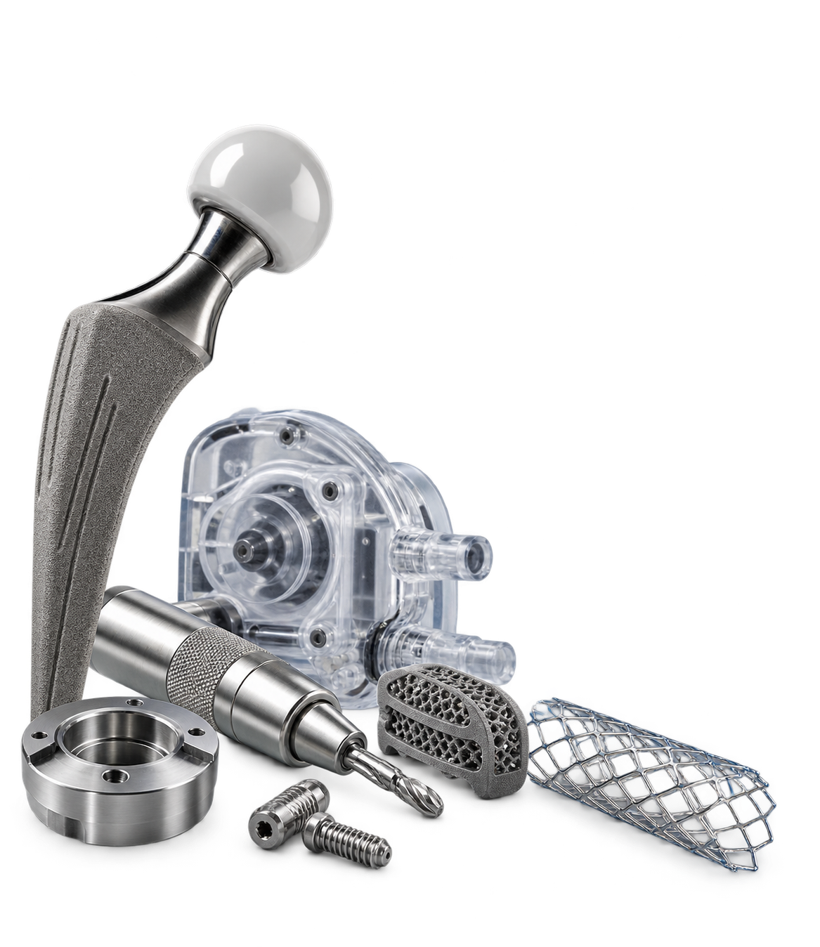 Medical prosthetic leg components including a socket, a titanium rod, a transparent plastic connector, a foot plate, and various screws and fittings.