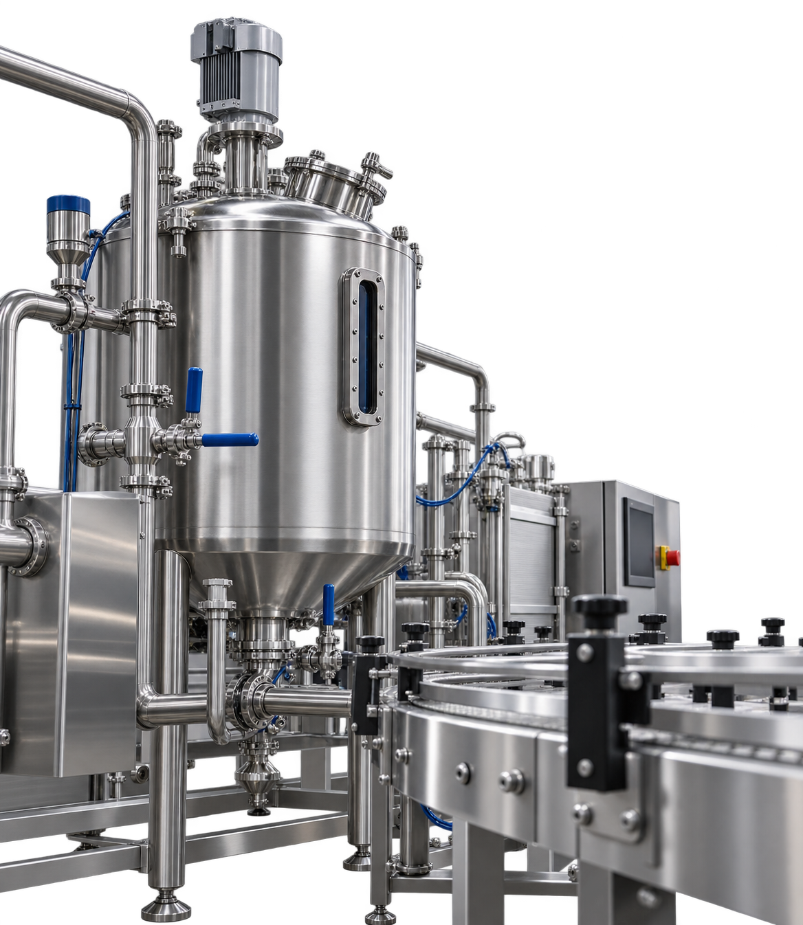 Stainless steel industrial processing equipment with pipes, valves, and control panel
