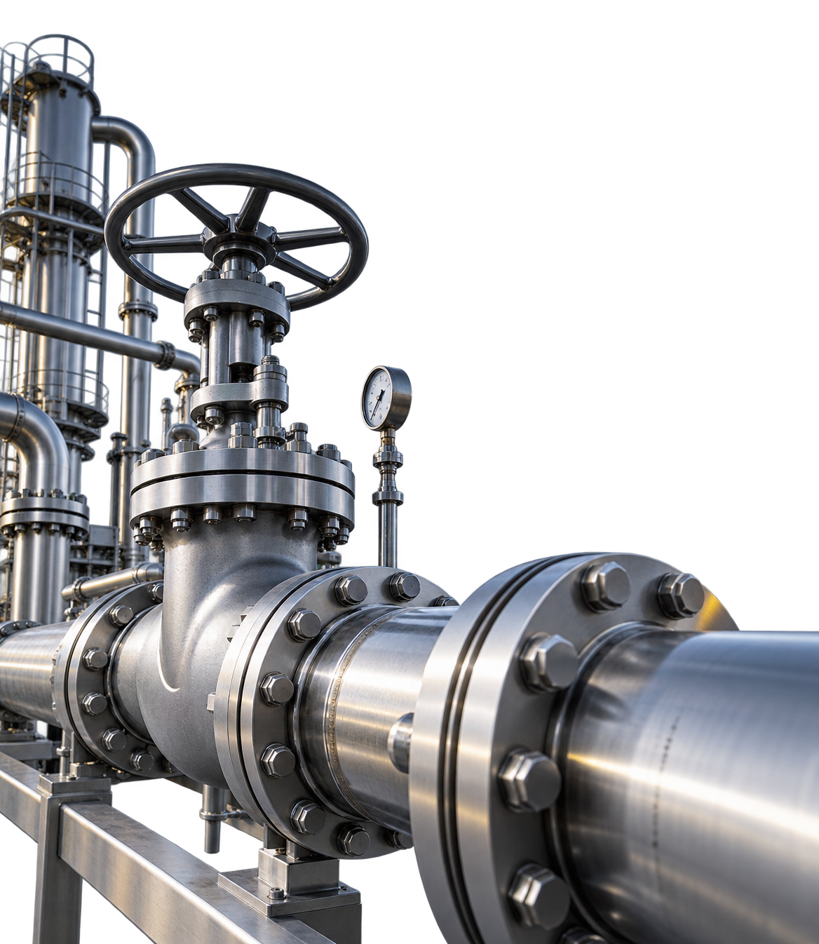 Close-up of stainless steel industrial valve and piping system with pressure gauge.