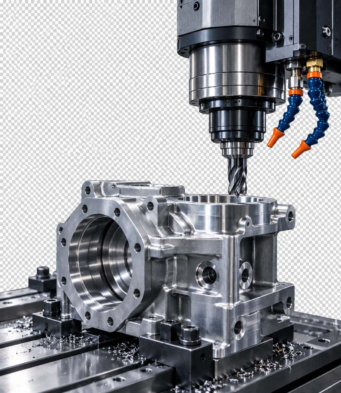 A CNC machine milling a metal component with a drill bit, coolant hoses, and metal shavings.