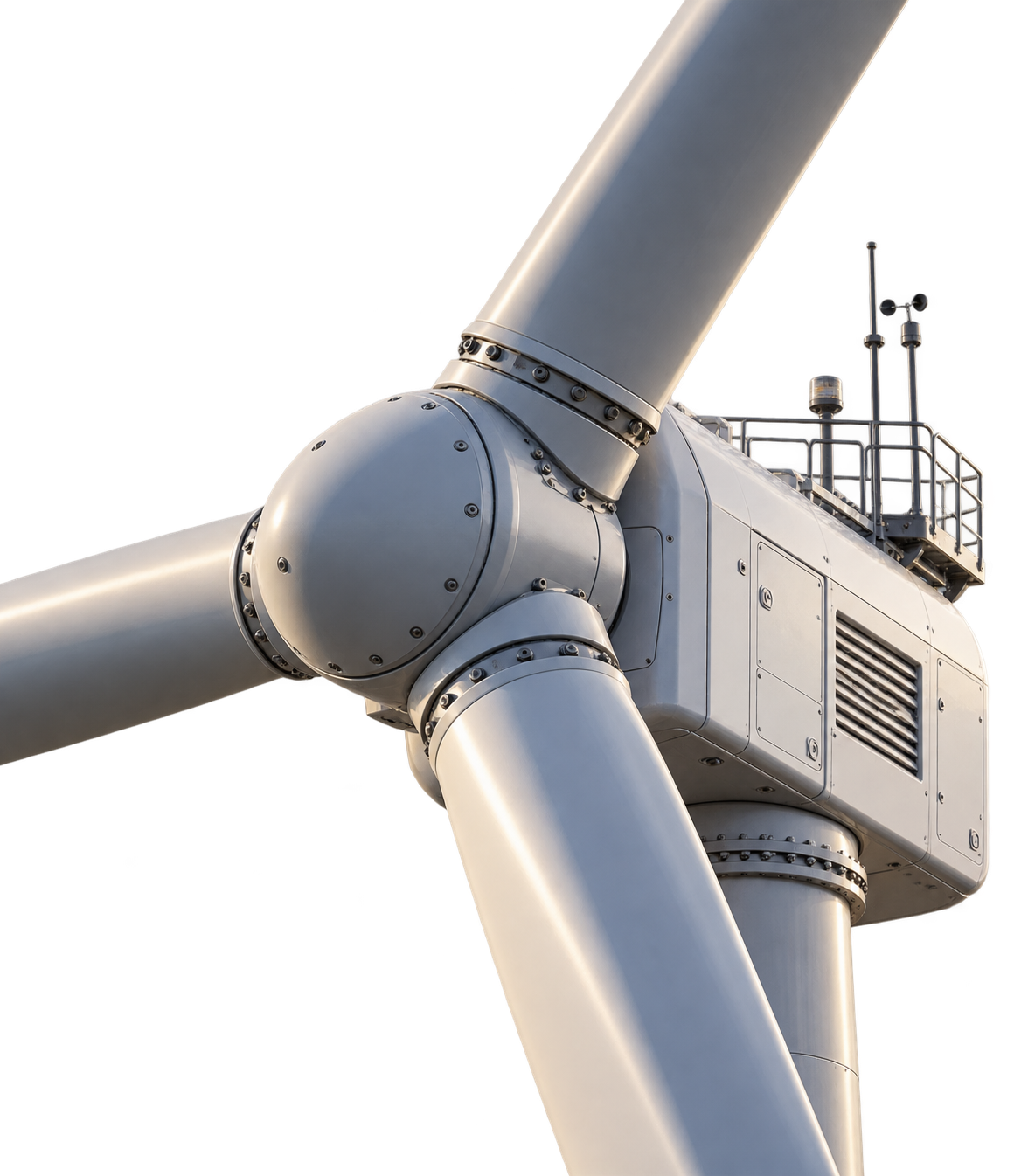 Close-up of a large white industrial wind turbine with three blades, showing the nacelle and part of one blade.