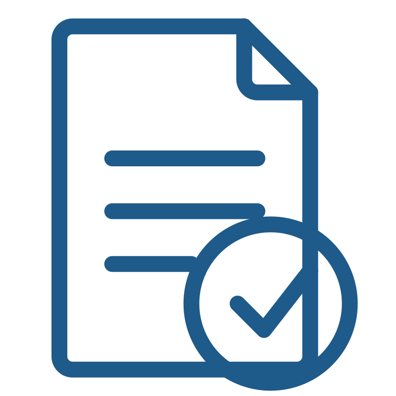 Icon of a document with lines and a checkmark inside a circle.