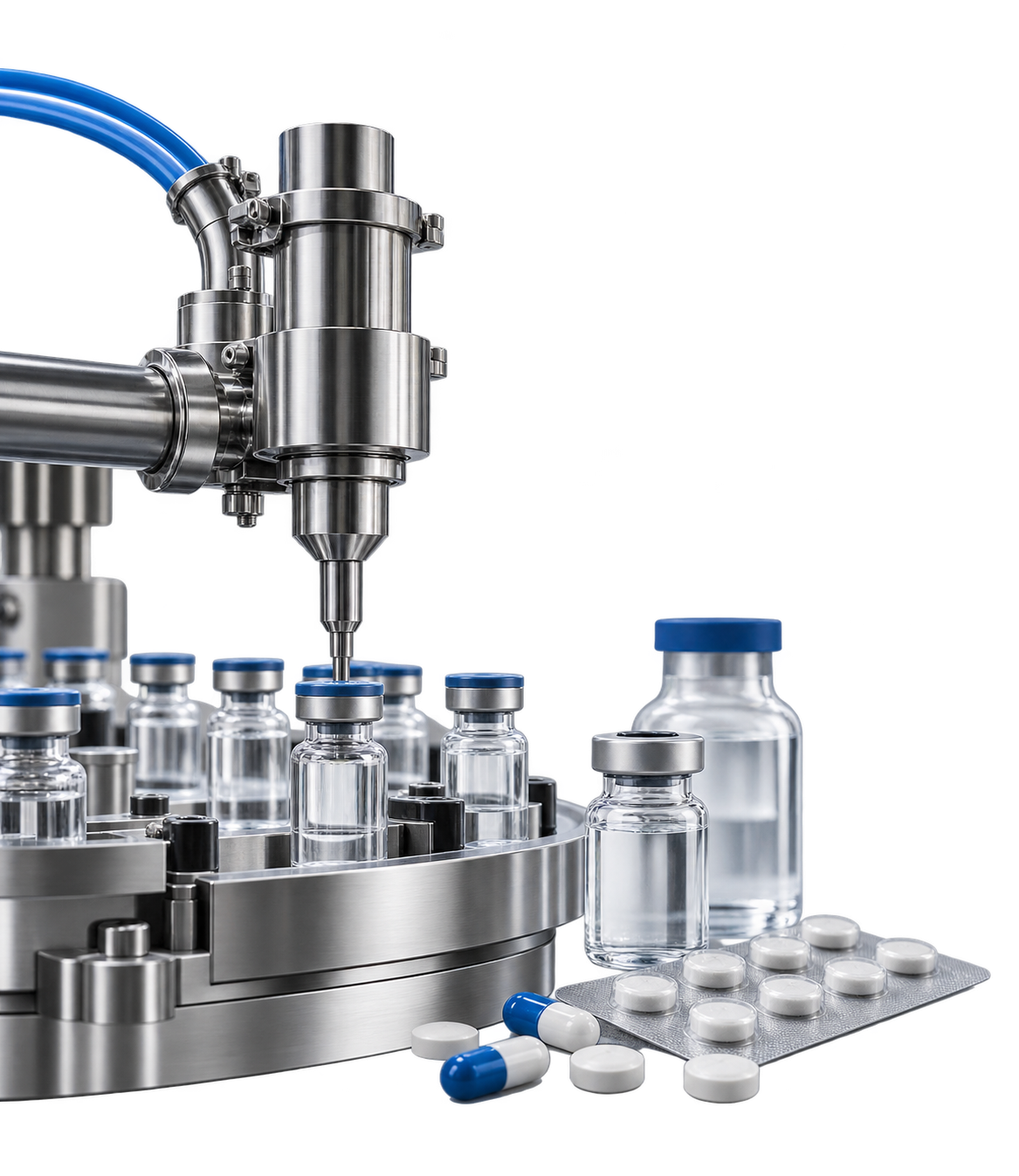 Pharmaceutical production line with glass vials, pills, and a robotic filling machine in a laboratory setting.