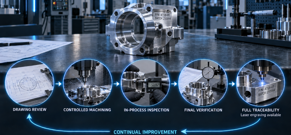 Evo Precision's ISO 9001:2015 quality process: drawing review, controlled machining, in-process inspection, final verification, and full traceability with continual improvement