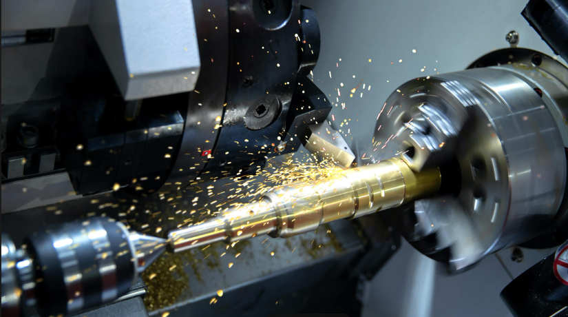 A metalworking lathe machine shaping a gold-colored metal shaft, with sparks flying as it is being machined.