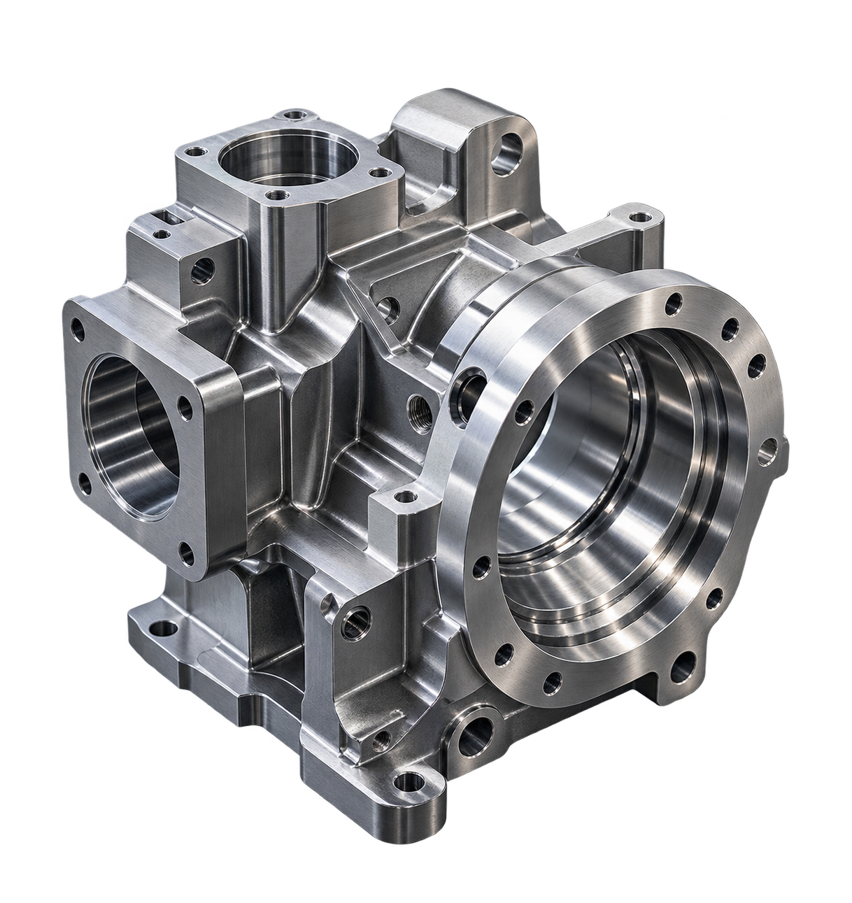 Precision machined metal component with multiple bores and mounting holes