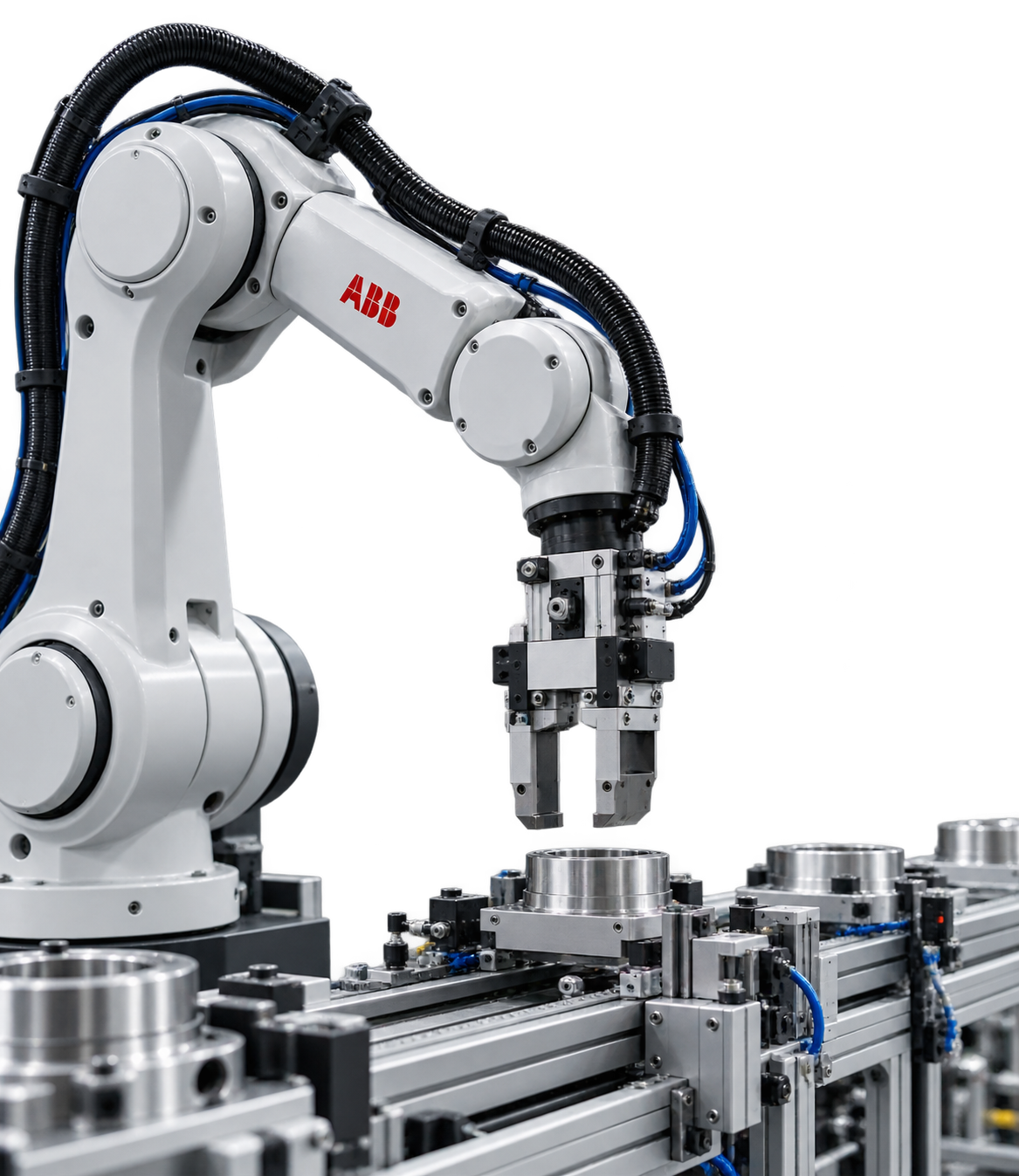 Industrial robotic arm with ABB logo operating on a manufacturing line with metal components.