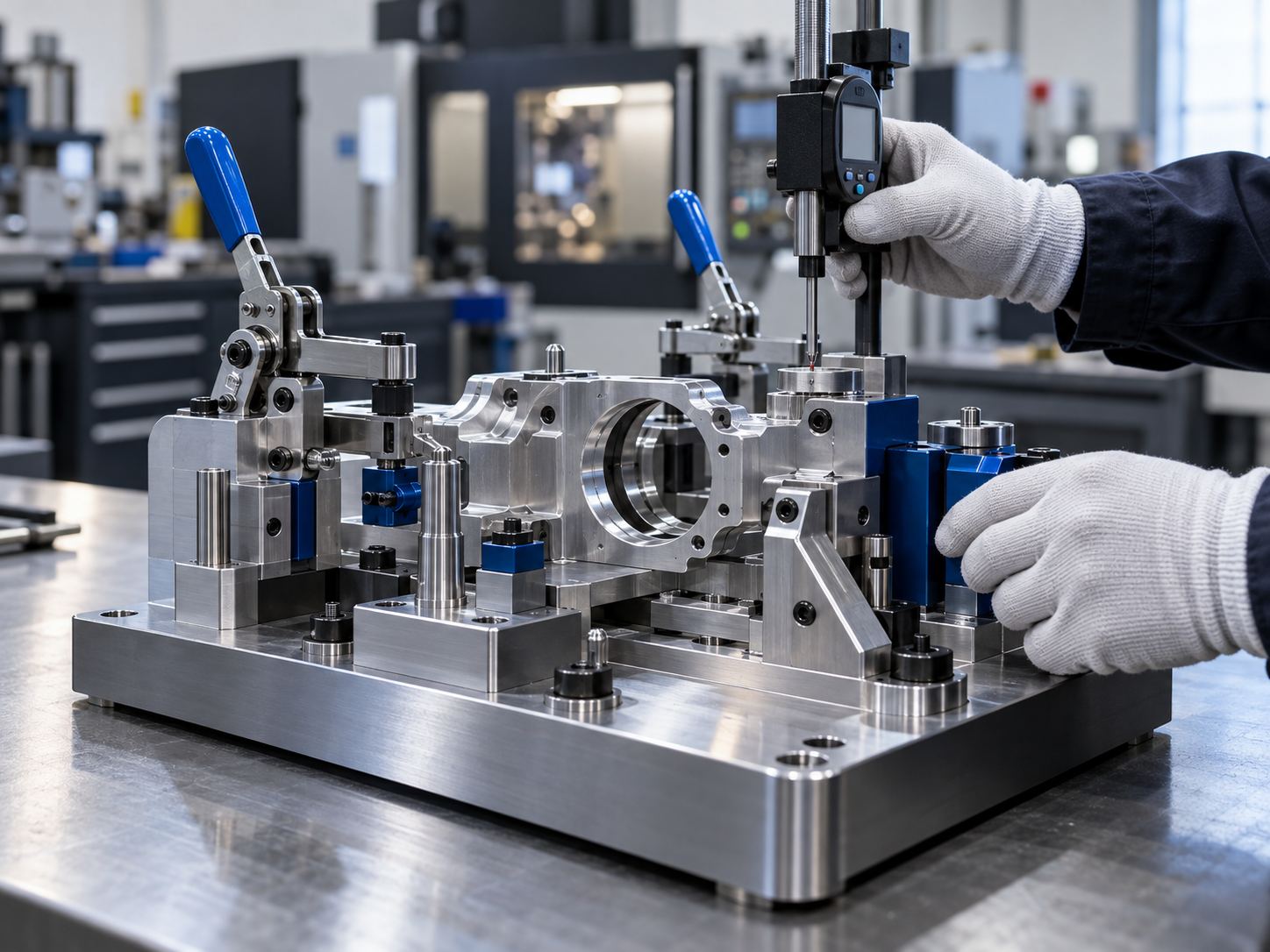 Precision injection mould tool with technical drawing and calipers