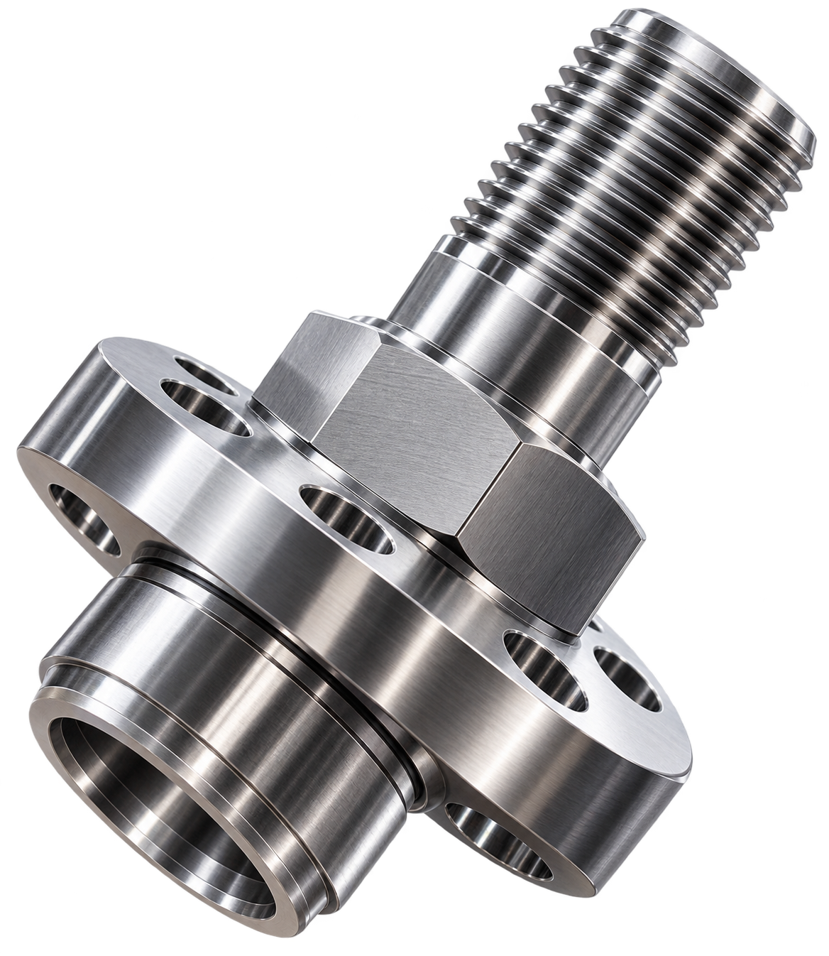 Close-up of a shiny, metallic hydraulic or pneumatic valve with threaded ends.