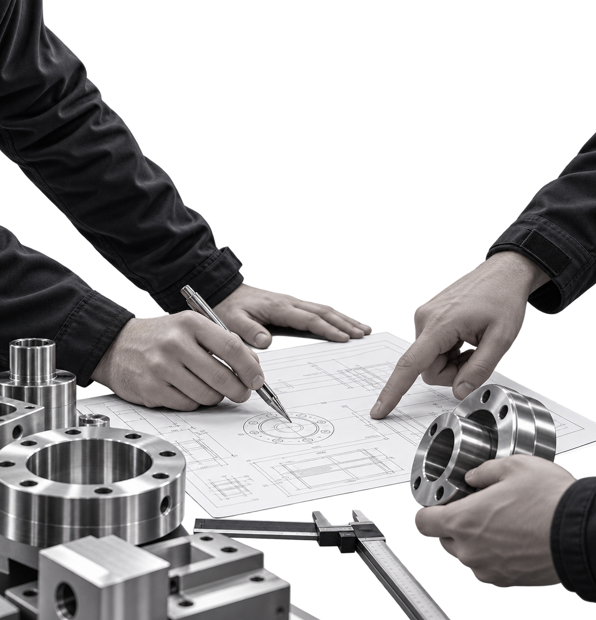 Two people working on an engineering blueprint surrounded by metal machine parts and tools.