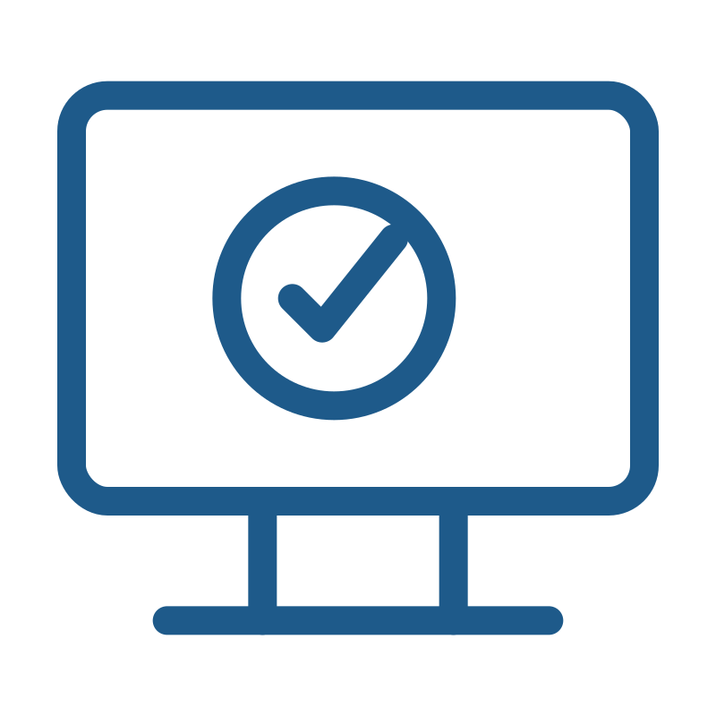 Computer monitor with a checkmark inside a circle, indicating success or approval.