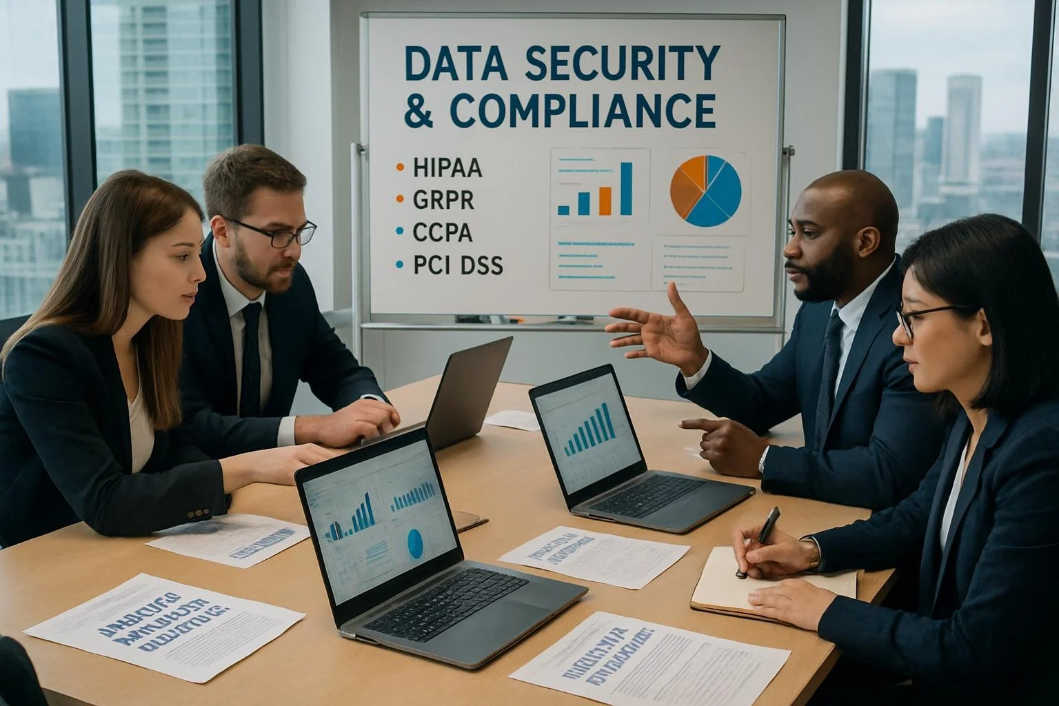 Business meeting with four professionals in a conference room, discussing data security and compliance, with laptops and documents on the table, and a presentation board behind them showing charts and information about data security regulations.