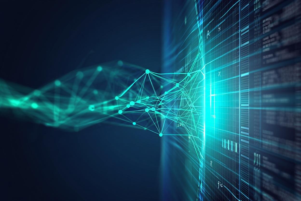 Digital network with interconnected nodes and data visualizations on a screen.