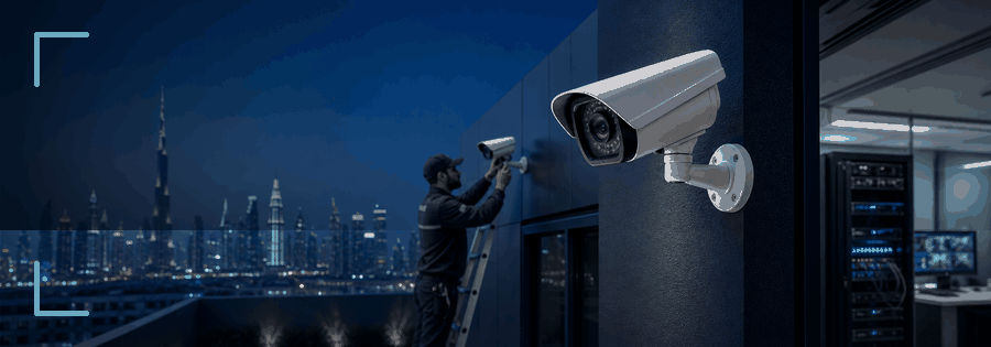 Professional Starface CCTV installation animation with security camera, UAE skyline, equipment room and company logo