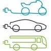 Line drawing of four different vehicles: a car viewed from the front, a side view of a sports car, a business van, and a city bus.