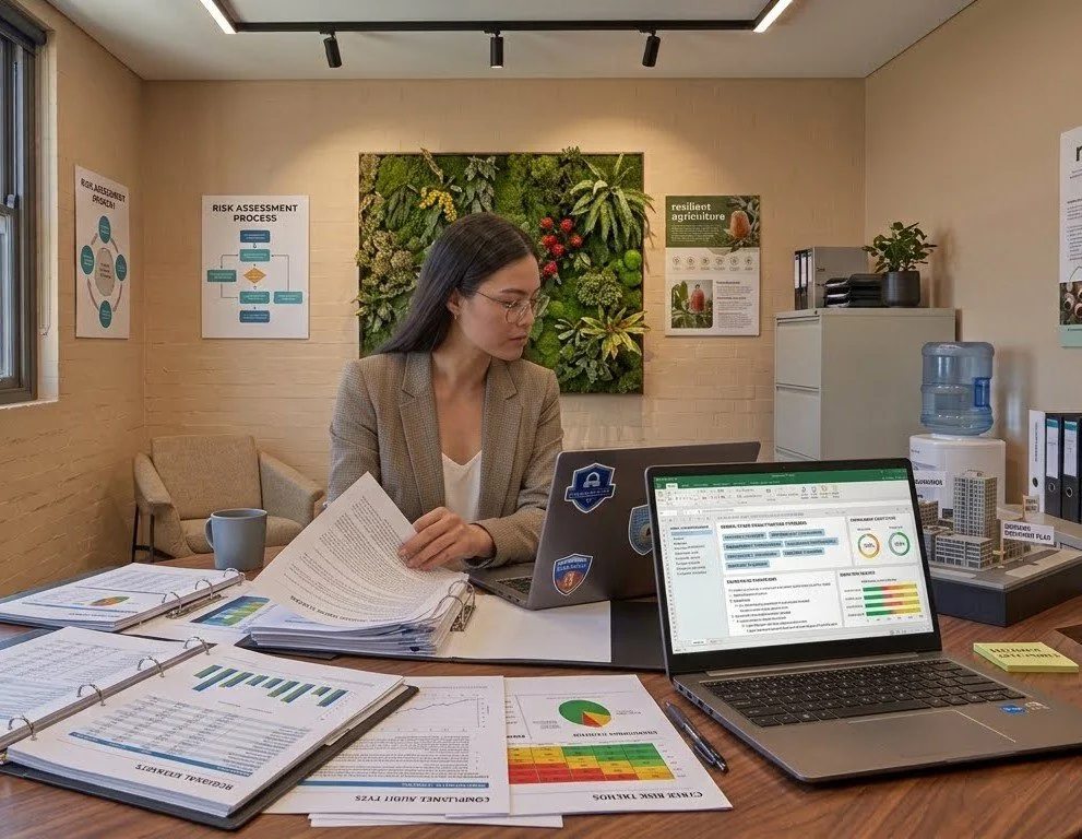 Woman working at a cluttered office desk with laptops, documents, and charts, surrounded by posters and plants.