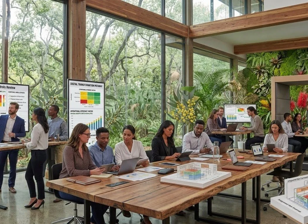Business professionals in a modern conference room with large glass windows, green plants, and presentation screens displaying charts and graphs.