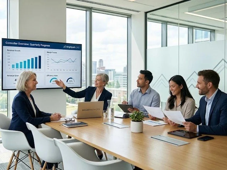 Business meeting in a modern conference room with five professionals, a woman presenting finance data on a wall-mounted screen, large windows with city views, and laptops and documents on the table.