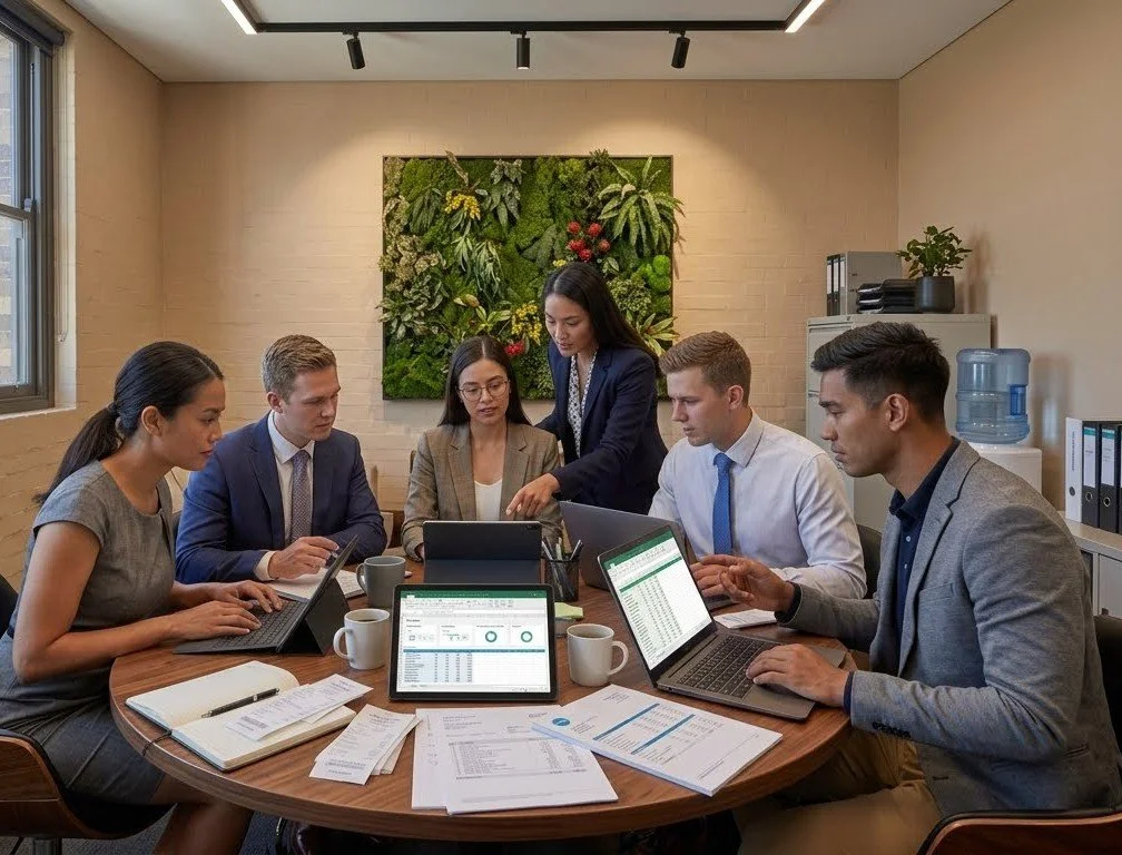 Business meeting with six professionals seated around a table with laptops, papers, and coffee cups, in a conference room with a wall-mounted green plant display.